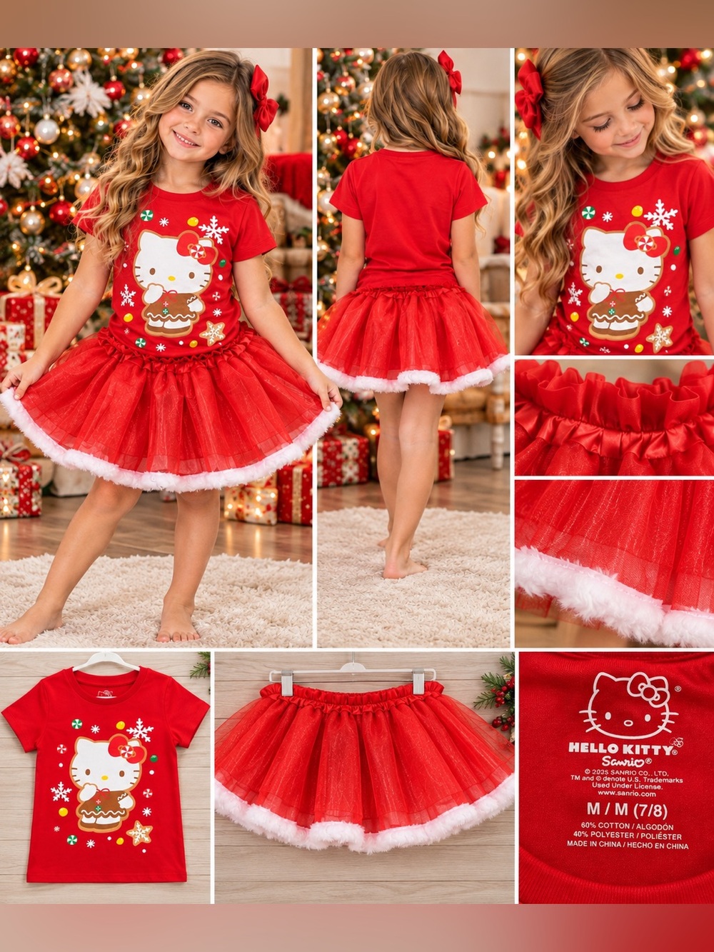 Hello Kitty Girls Christmas Outfit Shirt & Tutu Set Size 7/8 🎄🎀